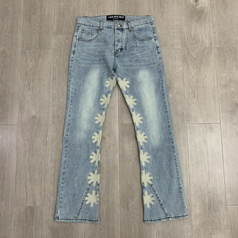 Light Blue Jeans Men Women Best Quality Embroidery Straight-Leg Denim Trousers Pants