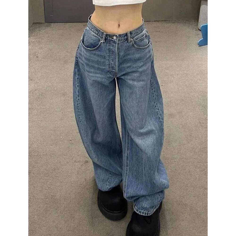 New Haruku Y2K Streetwear Trousers American Retro Letter Rhinestone Jeans Women Hot Sexy Baggy High Waist Scissors Wide Legs