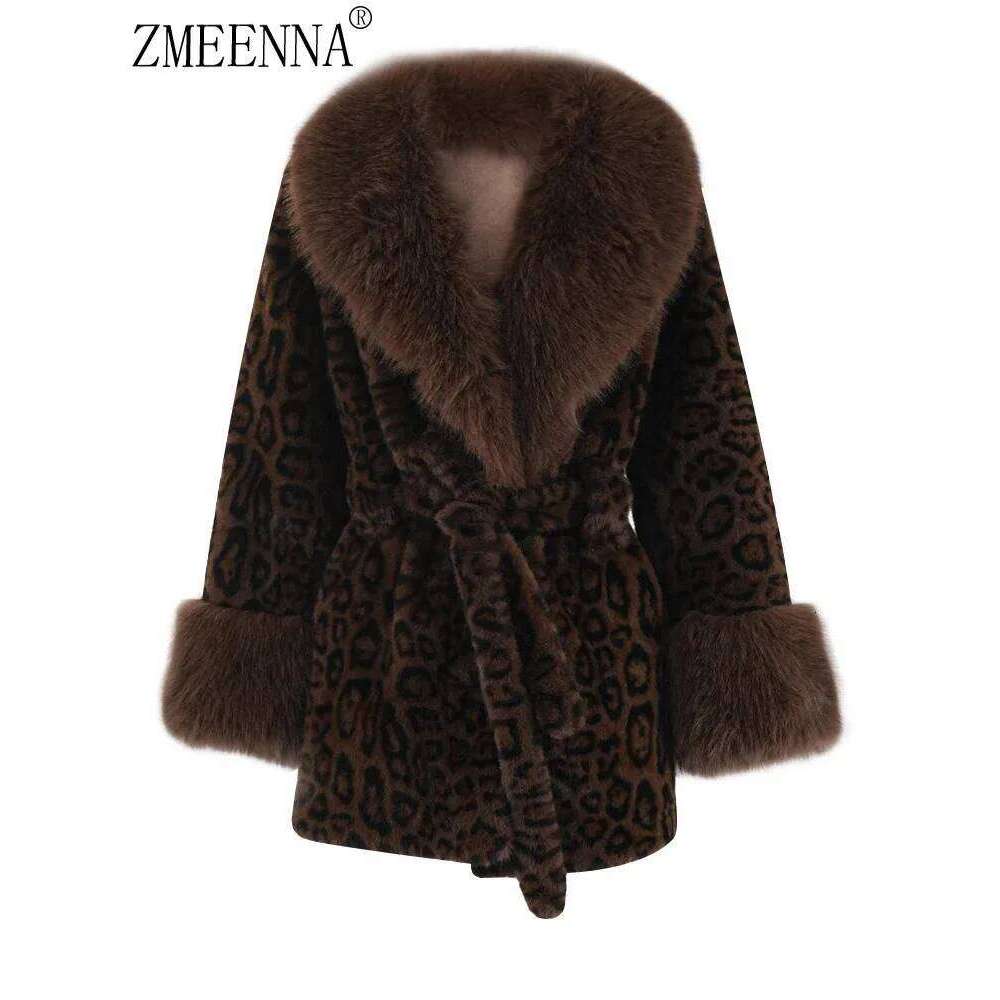 ZMEENNA Brown Leopard Big Size Warm Faux Fur Jacket New Lapel Long Sleeve Women Coat Fashion Tide Autumn Winter 2024 ZM592