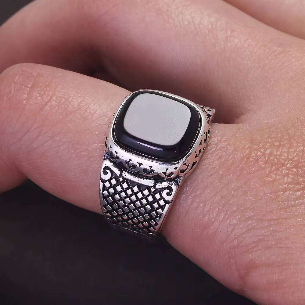 Sterling Sier Black Onyx Stone Signet Ring for Men Vintage Retro Pattern Turkish Pinky Rings Punk Rock Trendy Jewelry