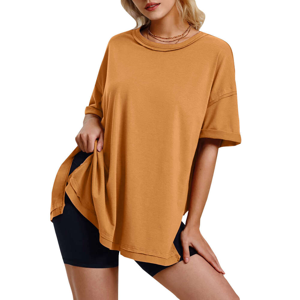 2025 Summer Women's Solid Color Cotton Round Neck Side Slit Loose T-Shirt