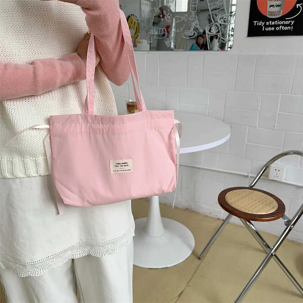 Solid Color Bow Ribbon Handbag Large Capacity Small Tote Bag Simple Shoulder Bag Handheld Bag Lightweight Drawstring Bag Casual W250527