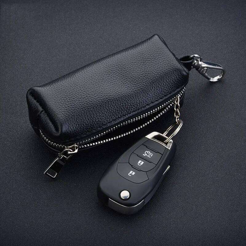 Genuine Holder - Unisex Car/House Key Organizer Pouch with Long Keychain, Cow Split Leather Wallet Case