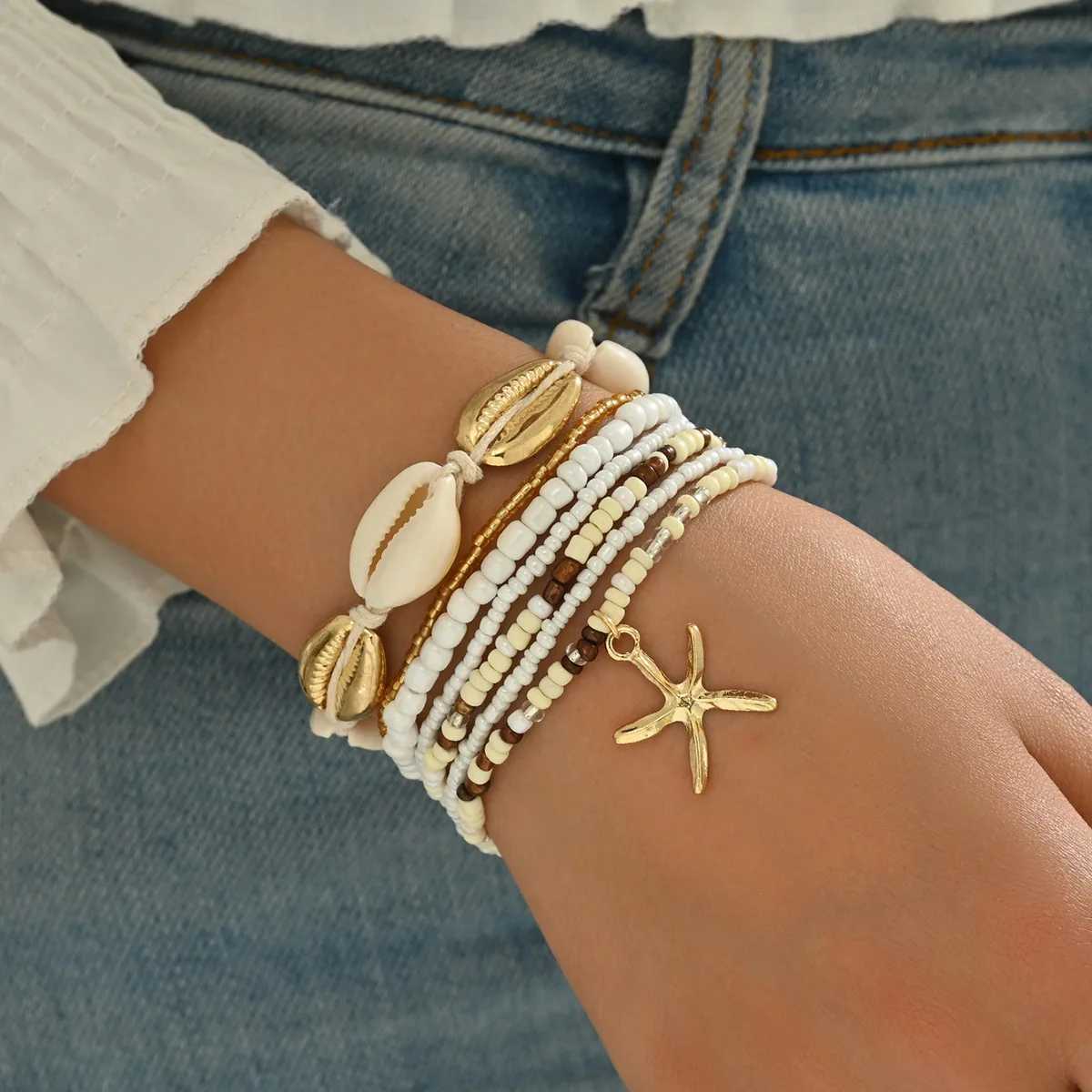 Summer Womens Bohemian Seven-Piece Set Bracelets - Shell Beaded Weaving Design with Starfish Pendant Fashionable Beach Jewelry W250526