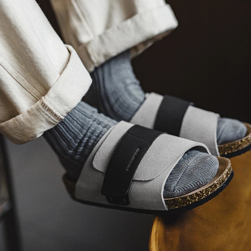 Maden Casual Color-Block Mules Mens Summer Cork Sole Slide-On Sandals with Hook and Loop Closure Breathable Outdoor Shoes 250526