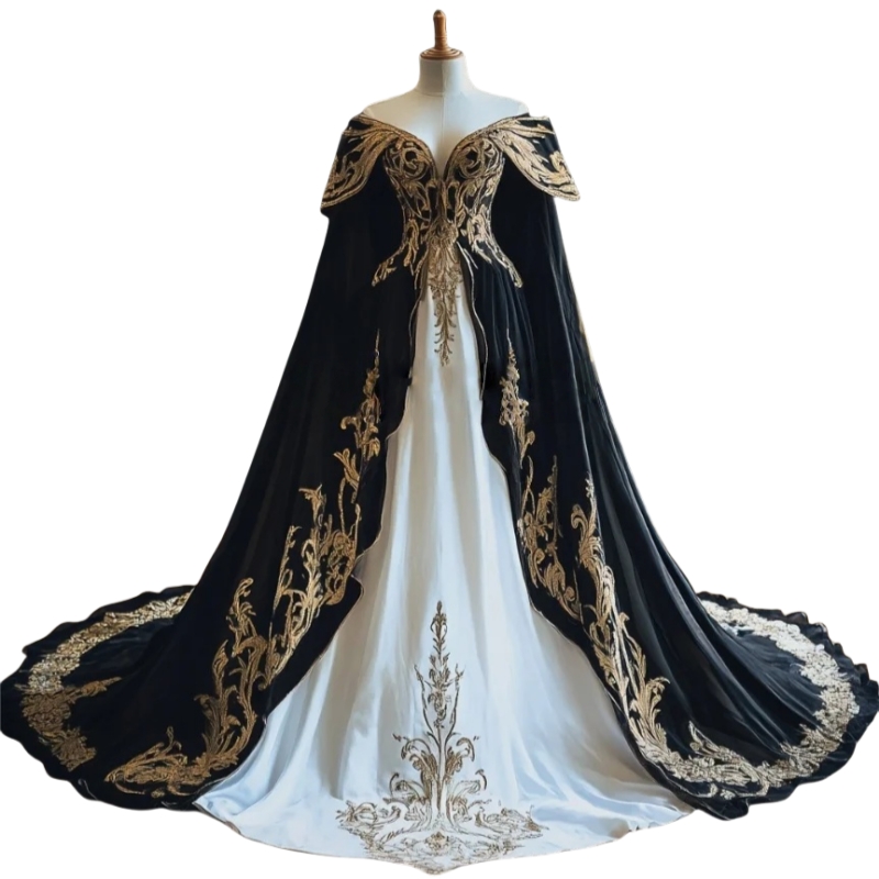 Fantasy Retro Medieval Prom Dresses With Wrap Cape Sleeves Black And White A-Line Evening Gown Gold Applique Corset Satin Long Victorian Dress