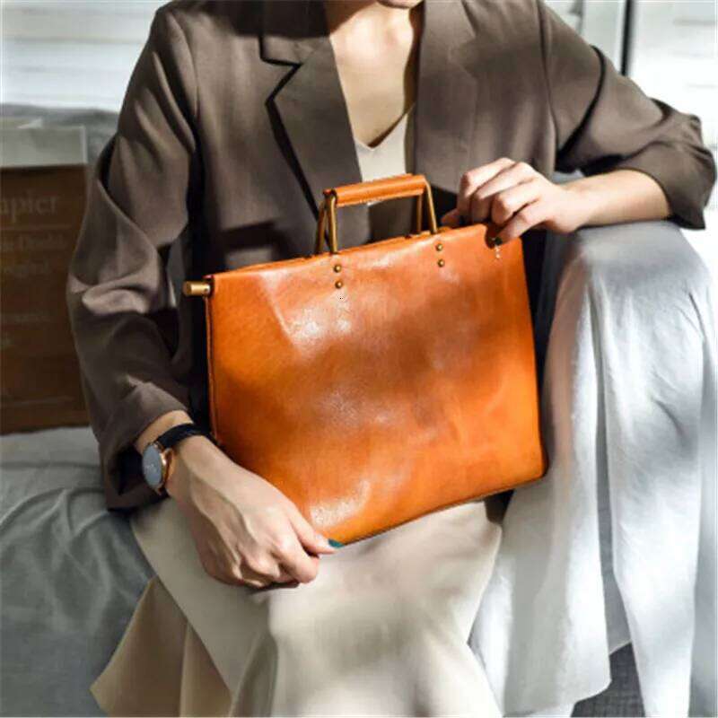 Retro Handmade Natural Genuine Leather With Metal Handles Simple Personality Handbags Cowhide Shoulder Messenger Bag