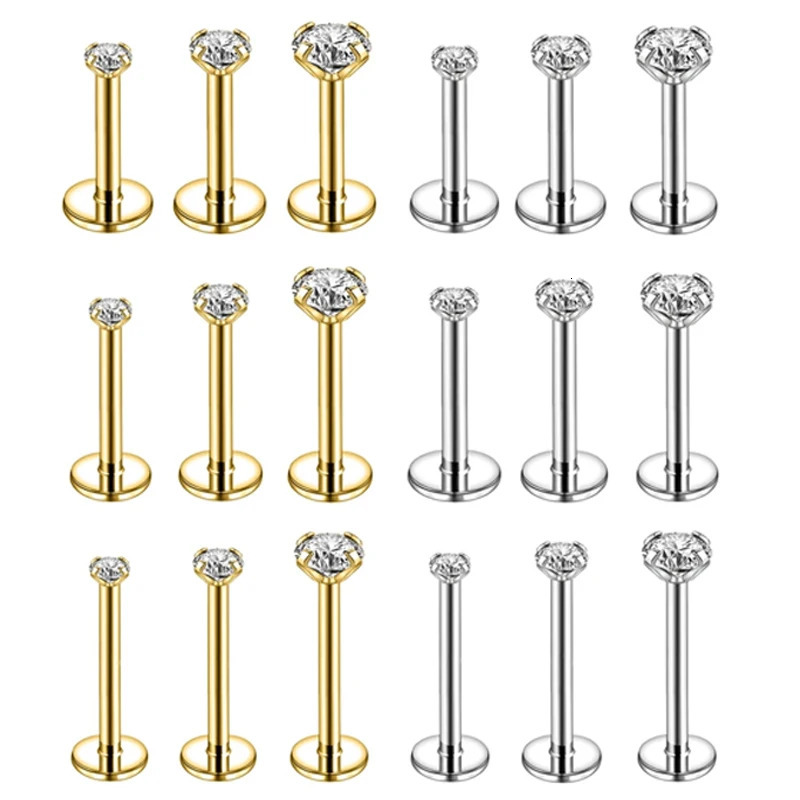 10Pcs Silver Gold Color 16G Stainless Steel Labret Lip Stud 2/3/4MM CZ Crystal Helix Cartilage Tragus Earring Cartilage Piercing 250526