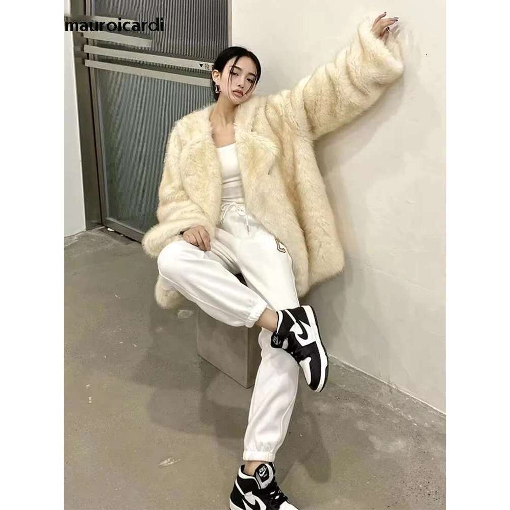 Mauroicardi Spring Winter Loose Casual Thick Warm Soft Hairy Shaggy Faux Fur Coat Women Fluffy Jacket Furry Cardigan 2025