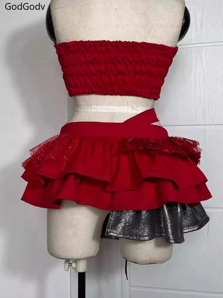 Punk Style Vintage Woman 2 Piece Sets Y2k Strapless Crop Tops High Waist Ruffle Skirt Female Party Korea Style Outfits 250523