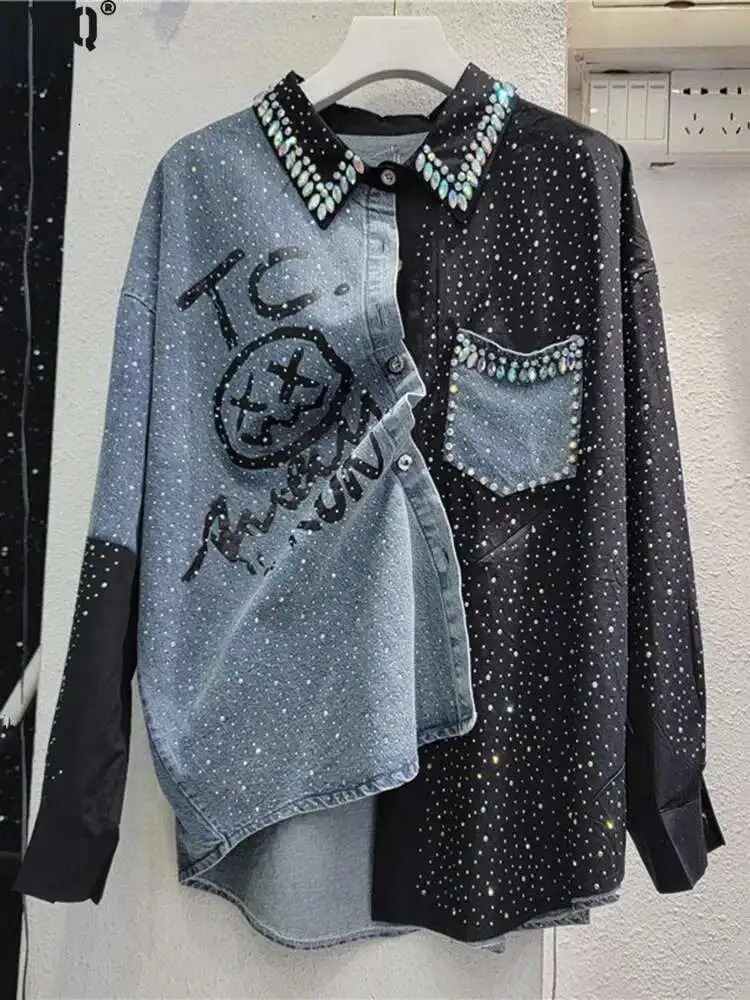 EWQ High Street Beading Diamond Patchwork Black Denim Shirt Y2K Fashion Loose Casual All Match Blouse 2025 Spring Autumn U7602 250523