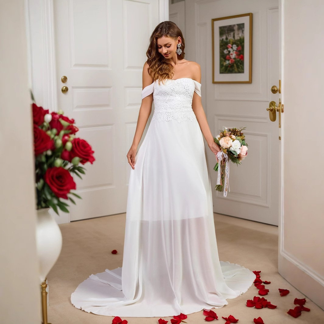 2025 Summer New Dress Shoulder Lace Chiffon Splicing Wedding Dress