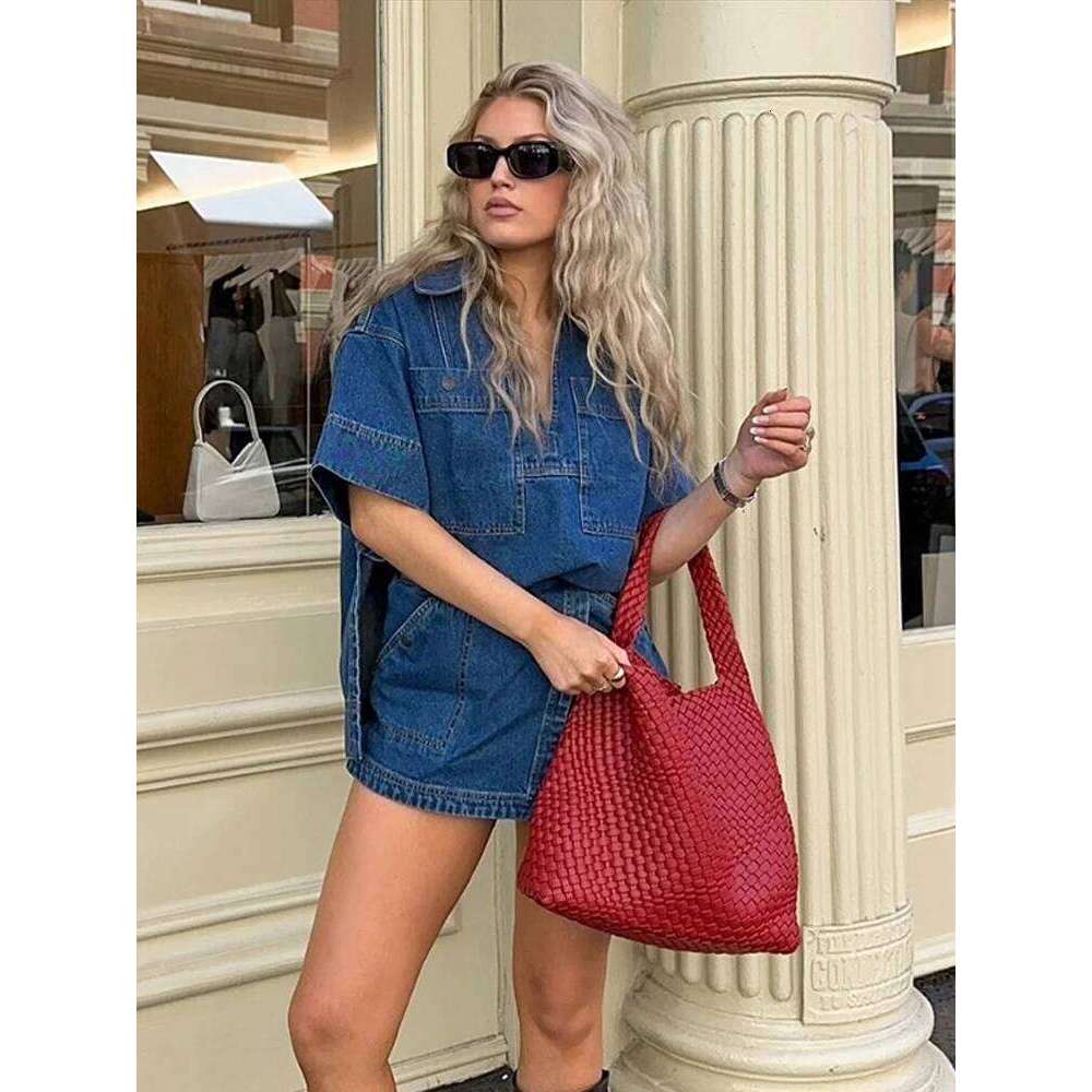 Casual Women Denim Tops Skirt Sets Fashion V-neck Patchwork Half Sleeve Split Shirt Mini Jean Short 2025 Summer Vintage Outfits