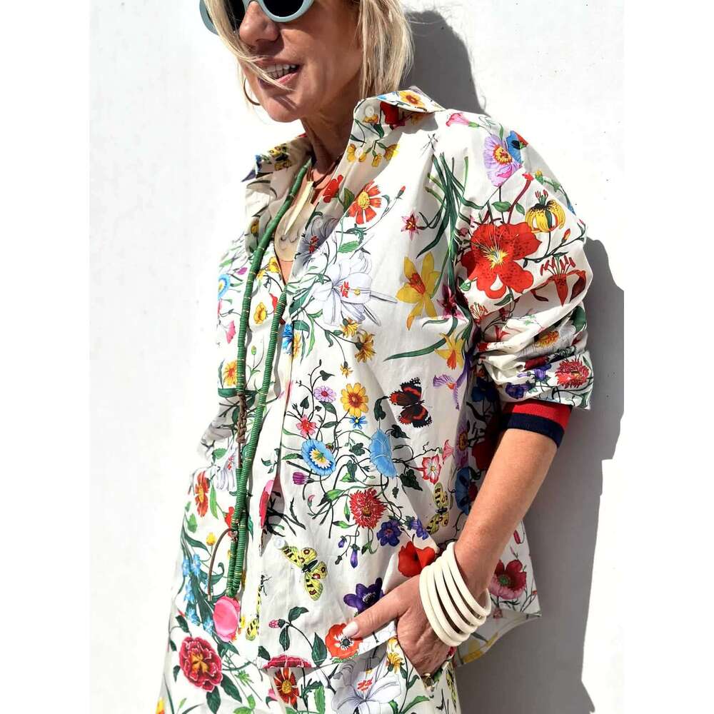 Women's New Printed Set Casual Long Pants Shirt Fashion Top 3023