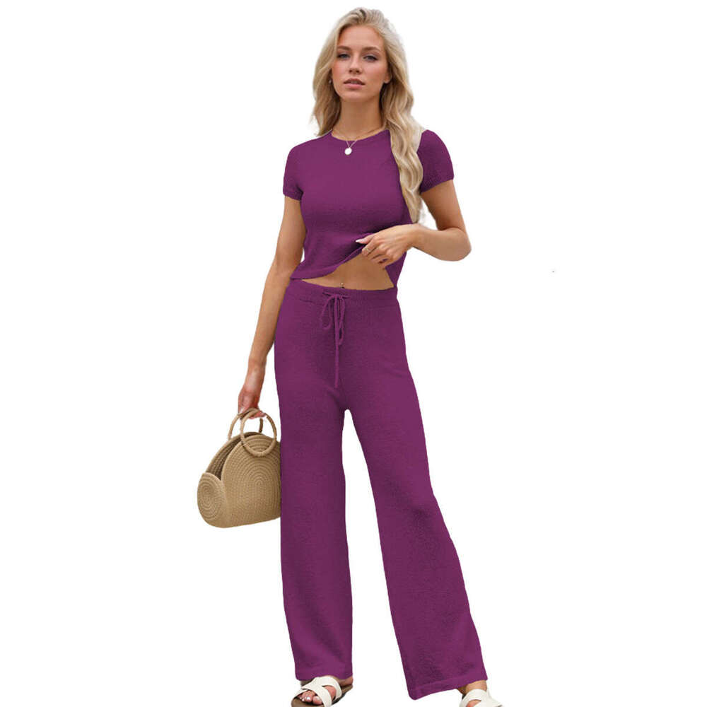 2025 New Spring Summer Temu Women's Casual Fashion Knitted Solid Color Set