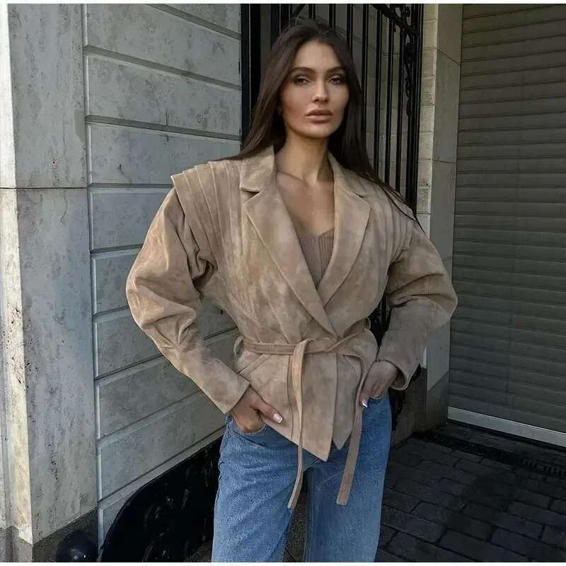 Women High Street Leather Jacket 2024 Autumn Winter Versatile Brown Long Sleeves V-Neck Lace-Up Coats Causal Chic Female Outwear