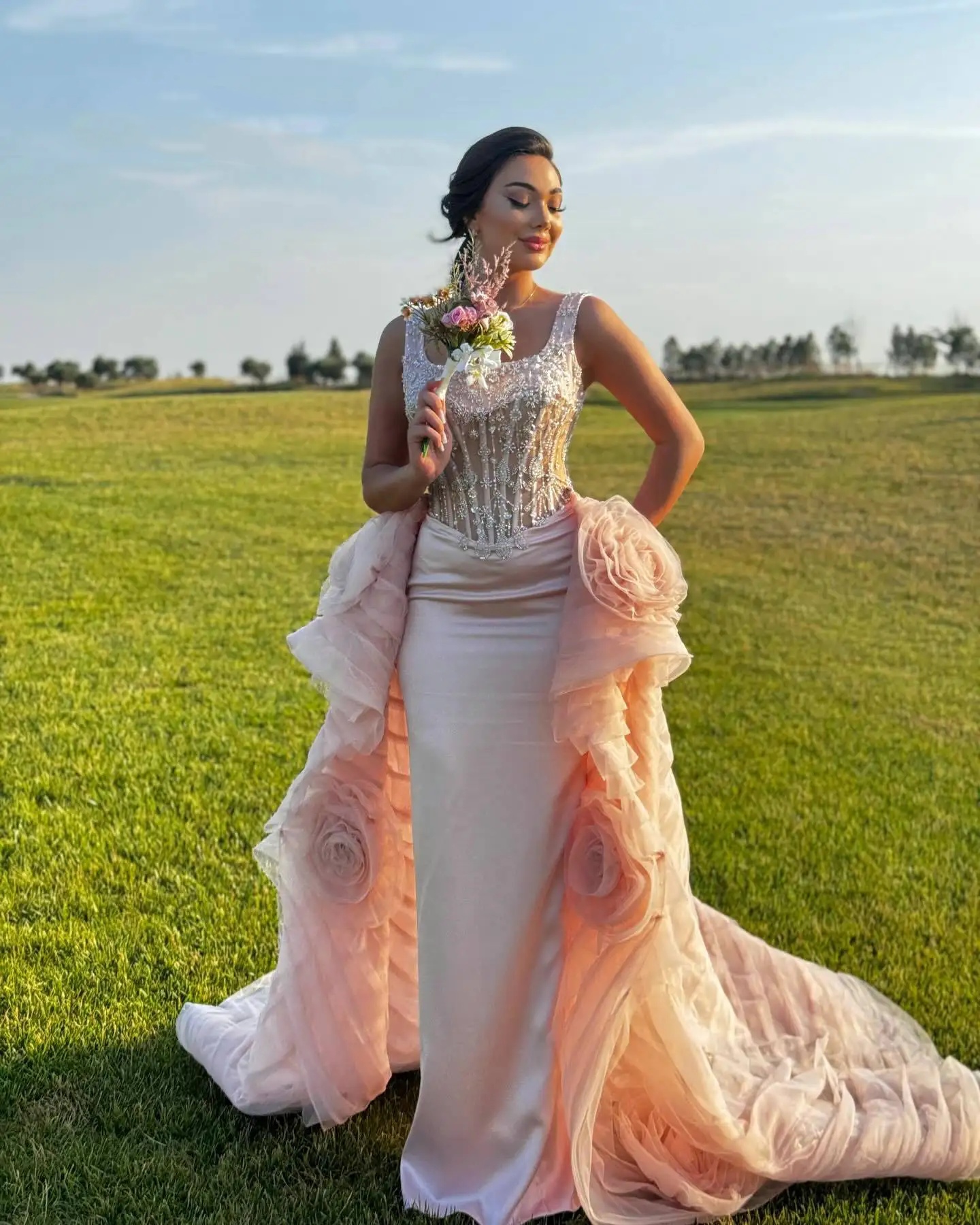 Designer Evening Dresses For Women Square Neck Sleeveless Gown Sequins Detachable Train Dress Party Customized Dress