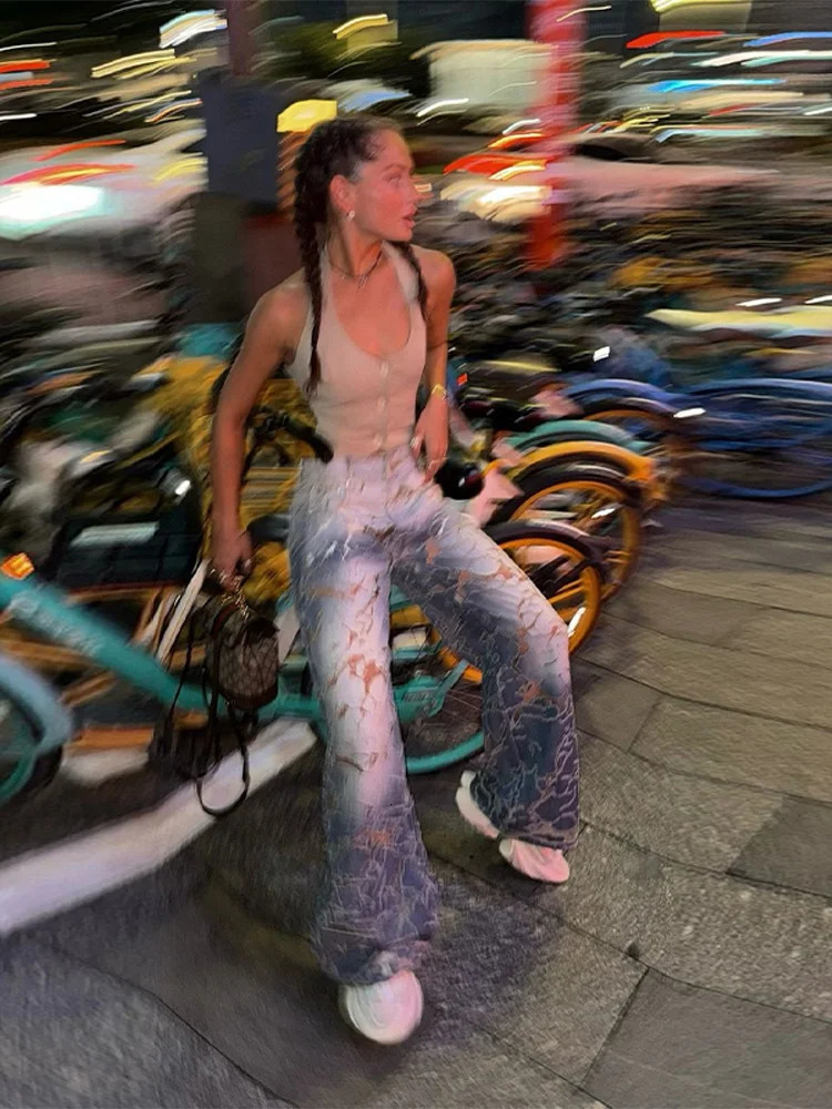 Womens Burnout and Cutout Denim Jeans Chic High Waist Wide Leg Baggy Y2K 2000s Streetwear Casual Lady Trousers 250516Z