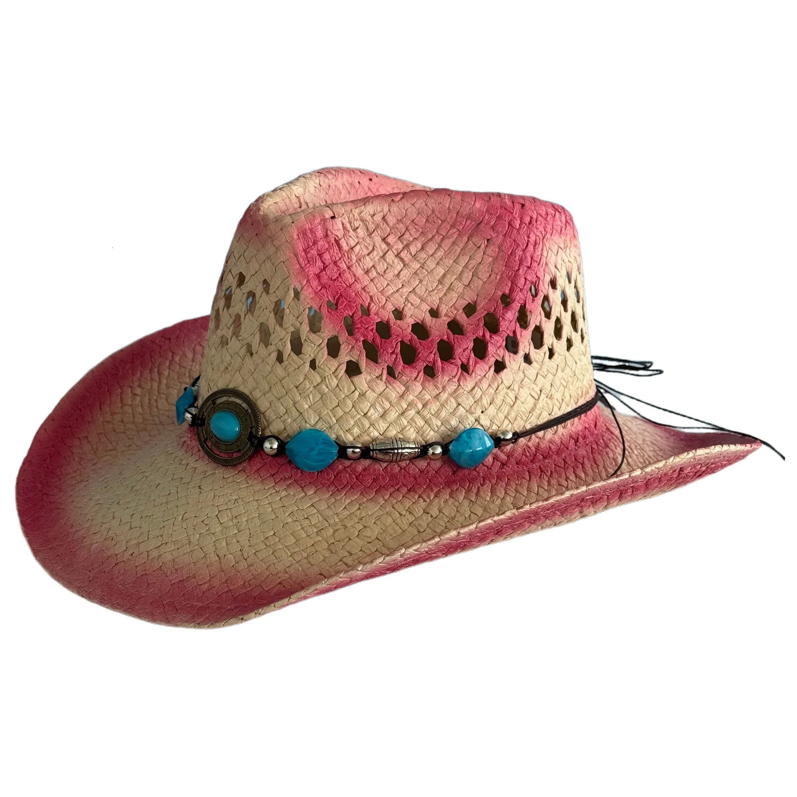 Summer Bohemia Vintage Western Cowboy Hat For Women Men Pink Gradual Change Beach Straw Hat Outdoor Wide Brim Hollow Out Sun Cap 250526