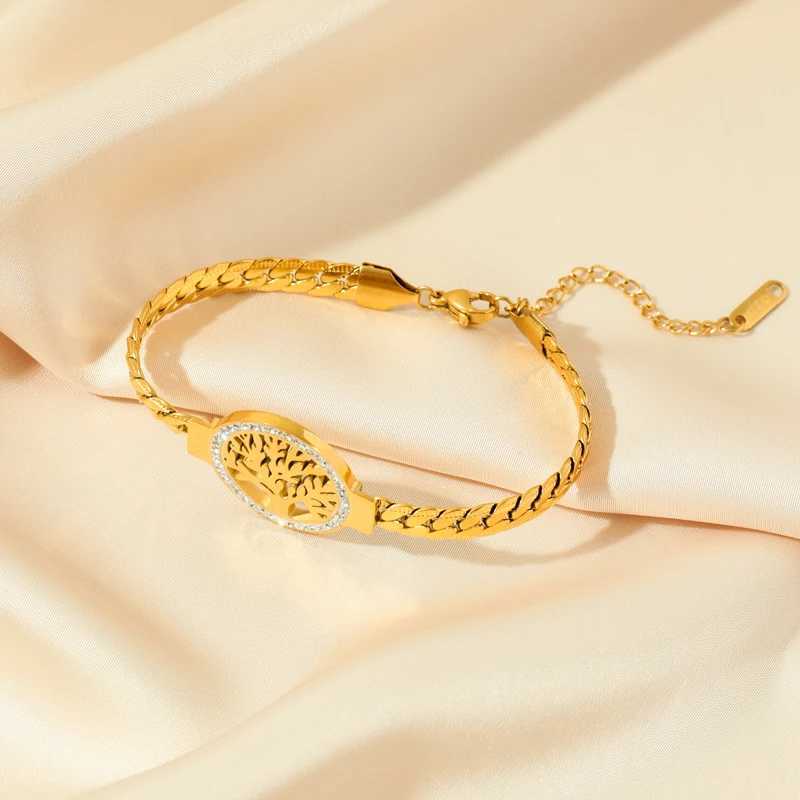 GANEMLY 316L Stainless Steel Tree of Life Bracelet for Women Fashion 18K Gold Plated Wrist Chain Waterproof Jewelry Lady Gift W250526