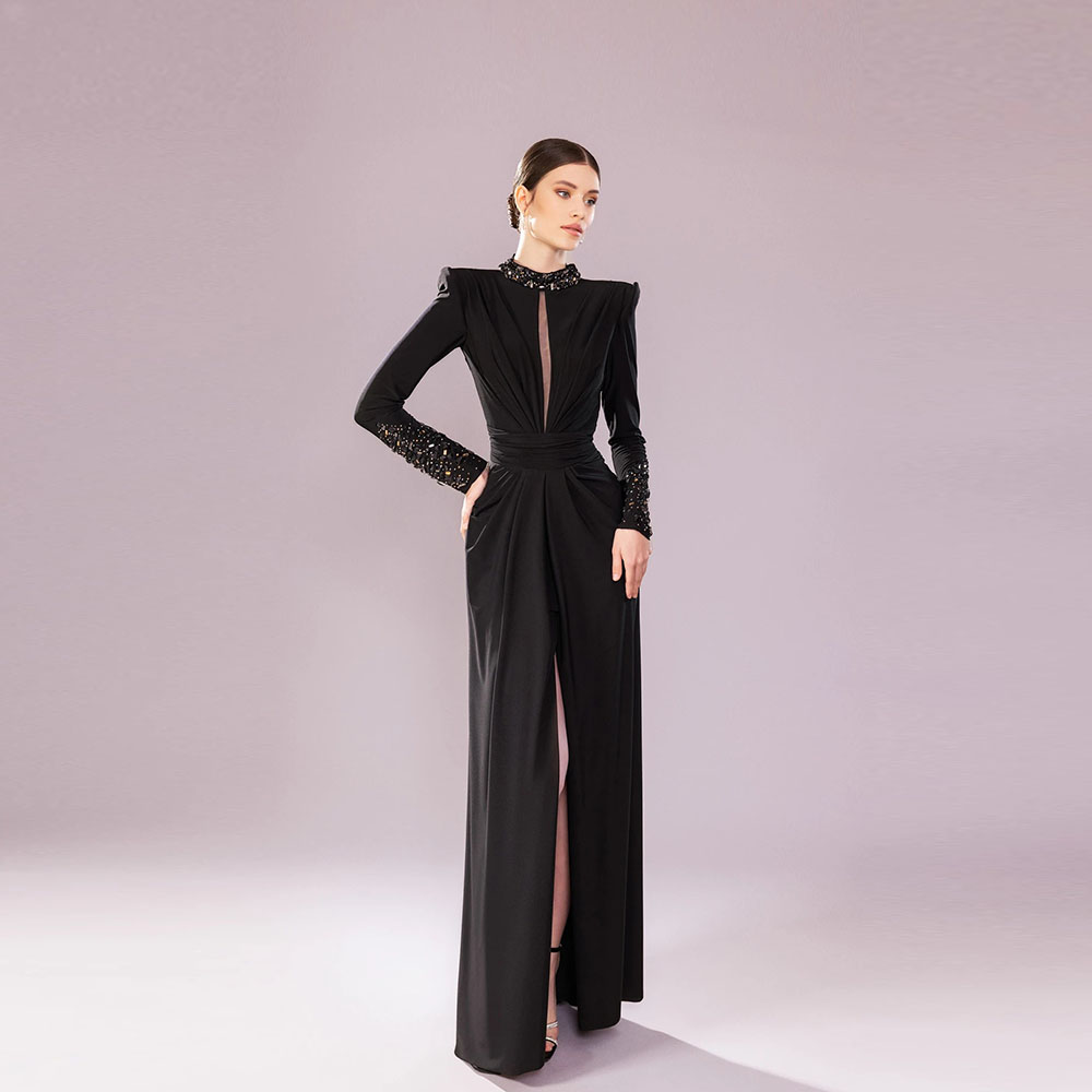 Luxury Beading Crystal Evening Dresses Ruched Split Column Long Sleeves Sexy Party Dresses Sweep Strain Prom Dresses