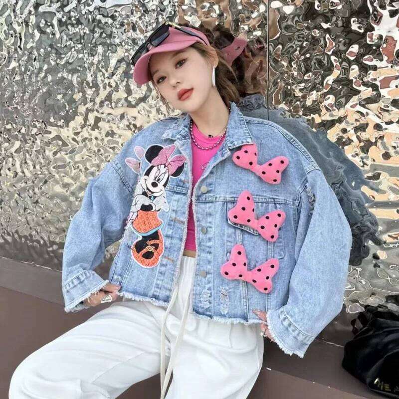 Sweet Bowknot Loose Short Denim Coat 2024 Spring Autumn Fashion Brand Heavy Industry Cartoon Beaded Sequins Jackets For Women