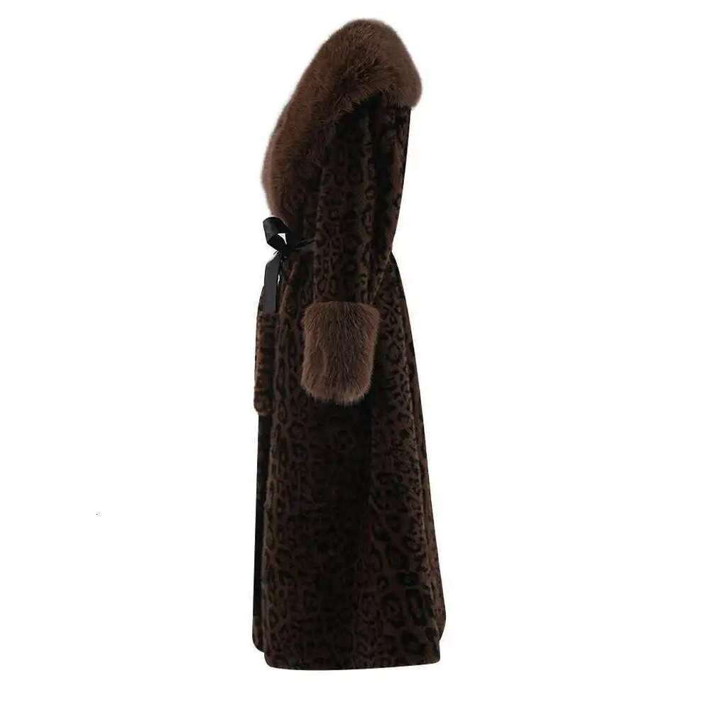 EAM Brown Leoppard Print Big Size Faux Fur Jacket New Lapel Long Sleeve Women Coat Fashion Autumn Spring 2025 CPG2454