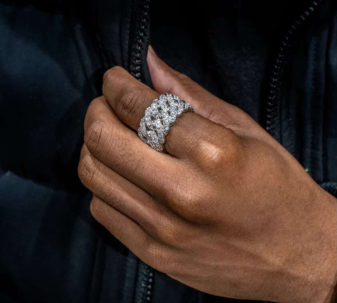 Luxury Custom Hip Hop Jewelry Mens Iced Out Cuban Ring in 925 Solid Silver with Real VVS1 Moissanite Diamonds 18K Gold Plated