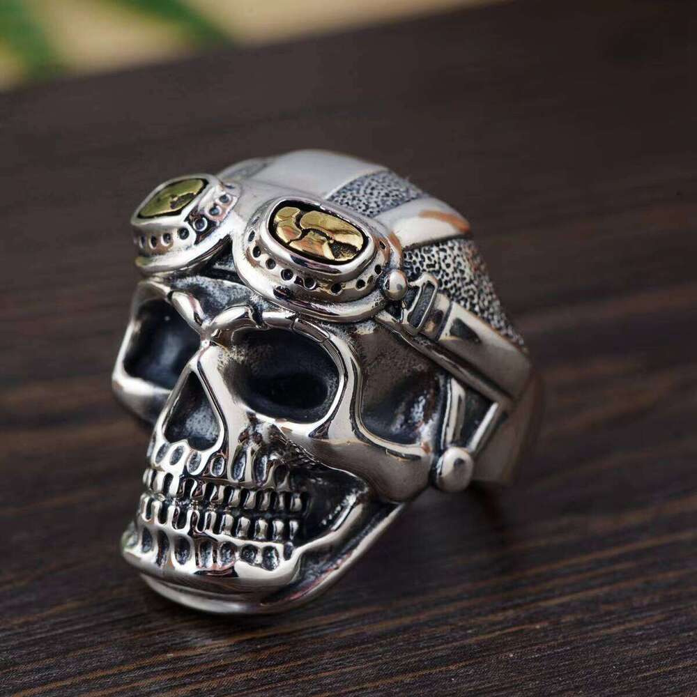 Personalized Biker for Men Genuine Sterling Sier Skull Head With Pilot Glass Mens Rings Resizable Vintage Punk