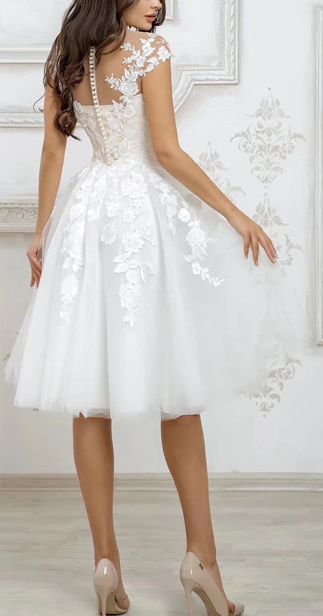 A Line Wedding Dresses White Ivory Tea Length Lace Applique Lace Bridal Gowns Dress Women