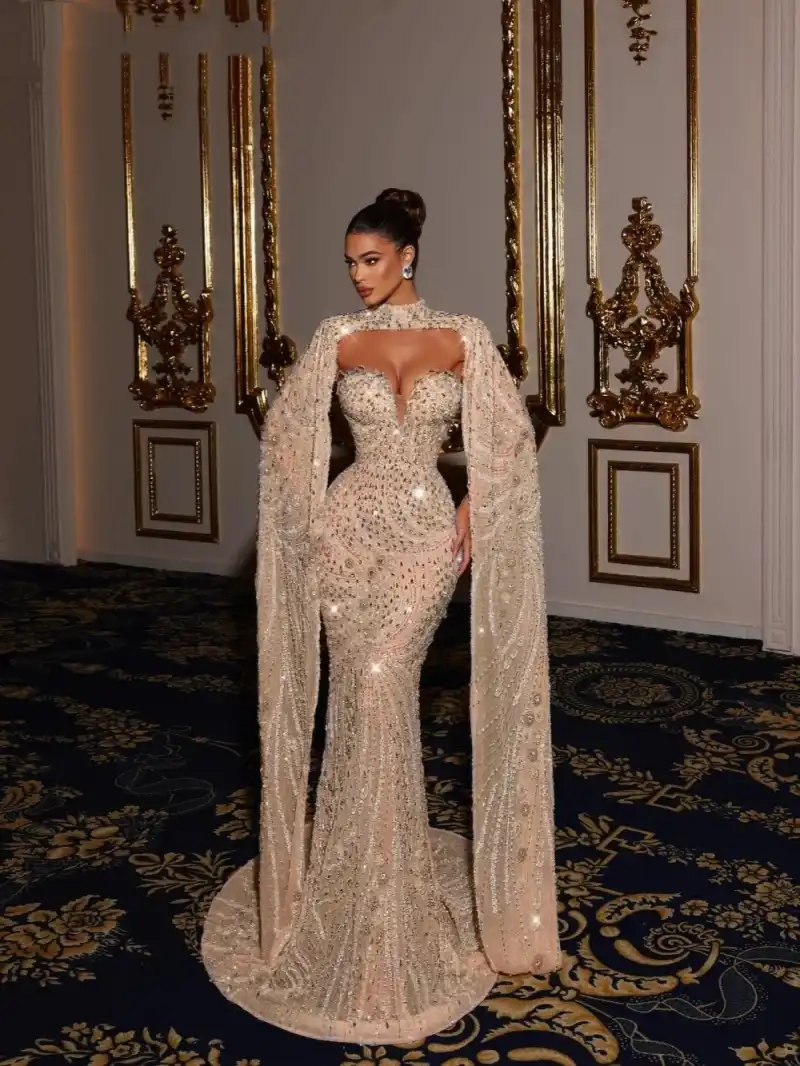 Luxury Mermaid Prom Dresses With Pearls Sequins Zipper Floor Length Plus Size Custom Made Shining Party Dress Vestido De Noite