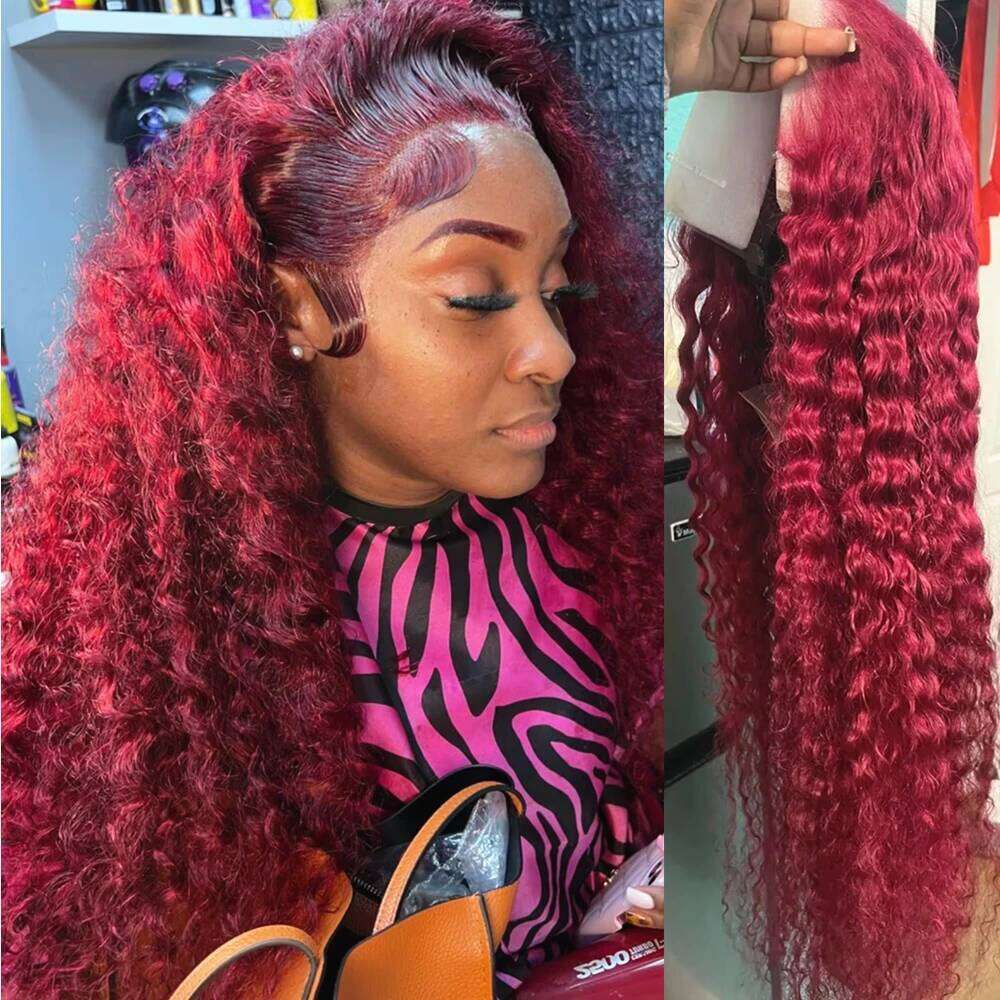 Bury Curly 13x6 Hd Lace Frontal Human Hair 100% Brazilian 13x4 Water Deep Wave 99J Red Colored Wig For Women 30 40 Inch