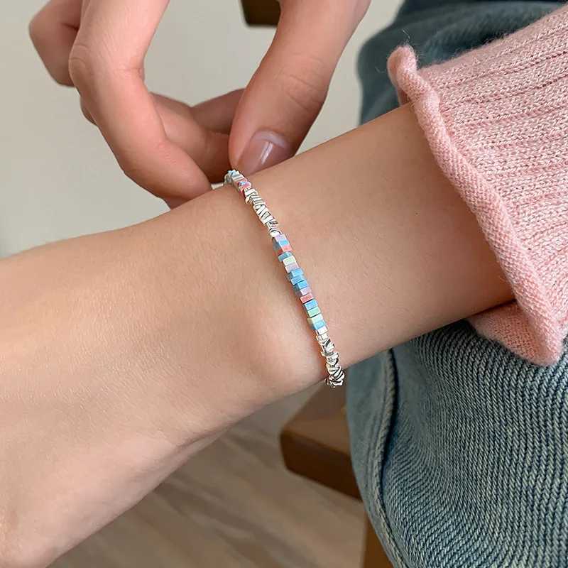 925 Sterling Silver Bracelet Colorful Beads Squares Asymmetric Geometric For Woman Girl Fashion Jewelry Gift Dropship Wholesale W250526