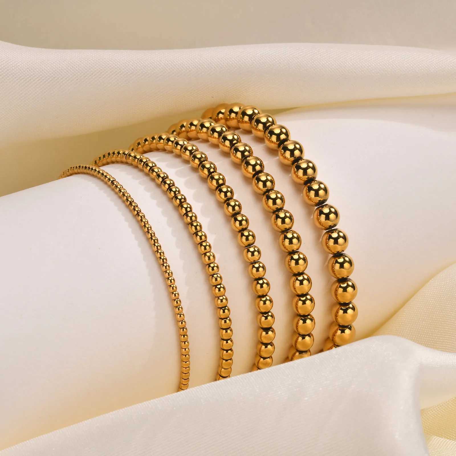 2mm-6mm Beaded Ball Chain Bracelet Stainless Steel Stretchable Elastic Link Gold Plated Wristband for Women Girls Jewelry Gift W250526