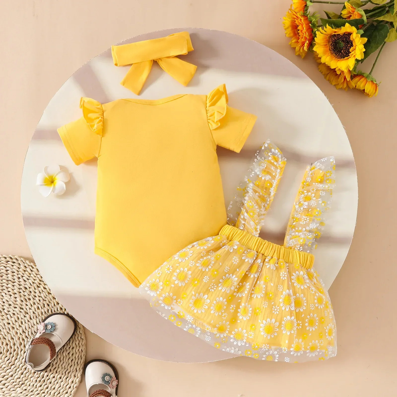 0 2 Y Baby Girl Short Sleeve Cotton Romper and Mesh Strap Skirt Set with Bow Options for Childrens Clothes 250527