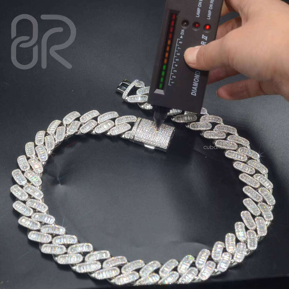Custom Vvs Baguette Moissanite Pass Dia Test Iced Out Hip Hop Sier Necklace Cuban Chain Fine Jewelry Men 16mm 18mm 20mm