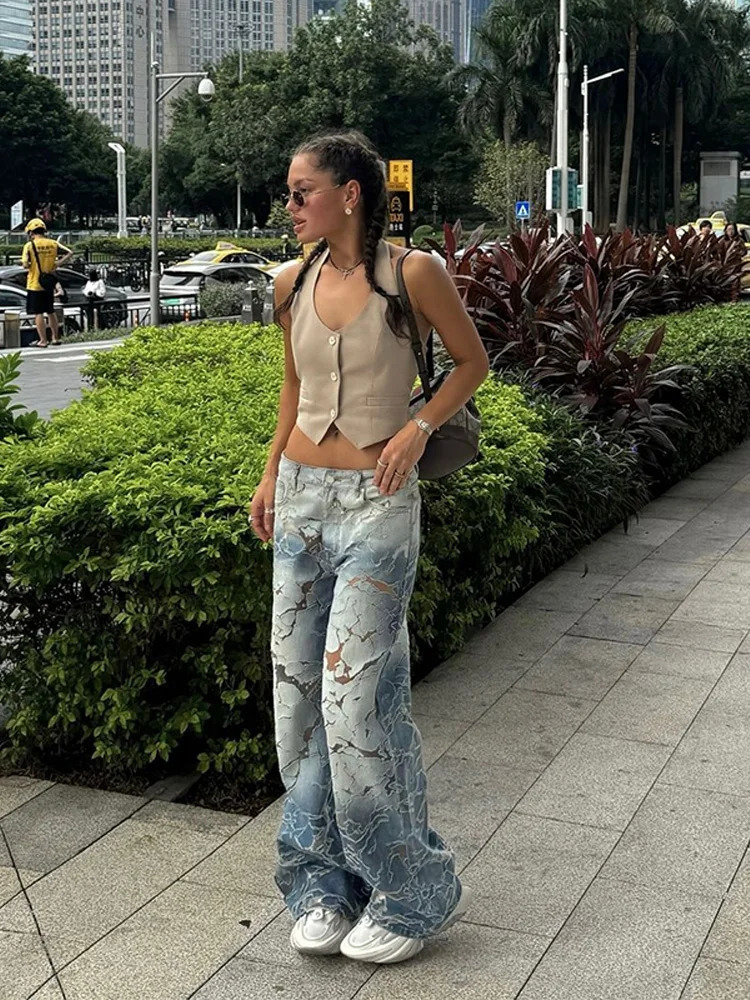 Womens Burnout and Cutout Denim Jeans Chic High Waist Wide Leg Baggy Y2K 2000s Streetwear Casual Lady Trousers 250516Z