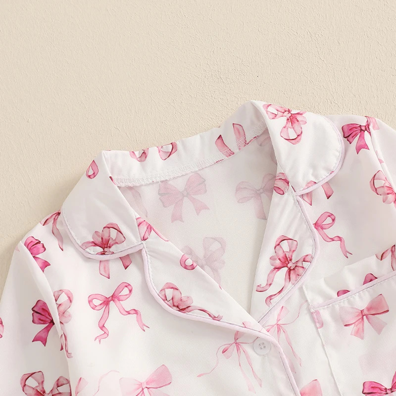 Pudcoco Kid Girl Summer Pajamas Set Bow Print Long Sleeve Button Down Tops with Ruffled Shorts Sleepwear 18T 250527