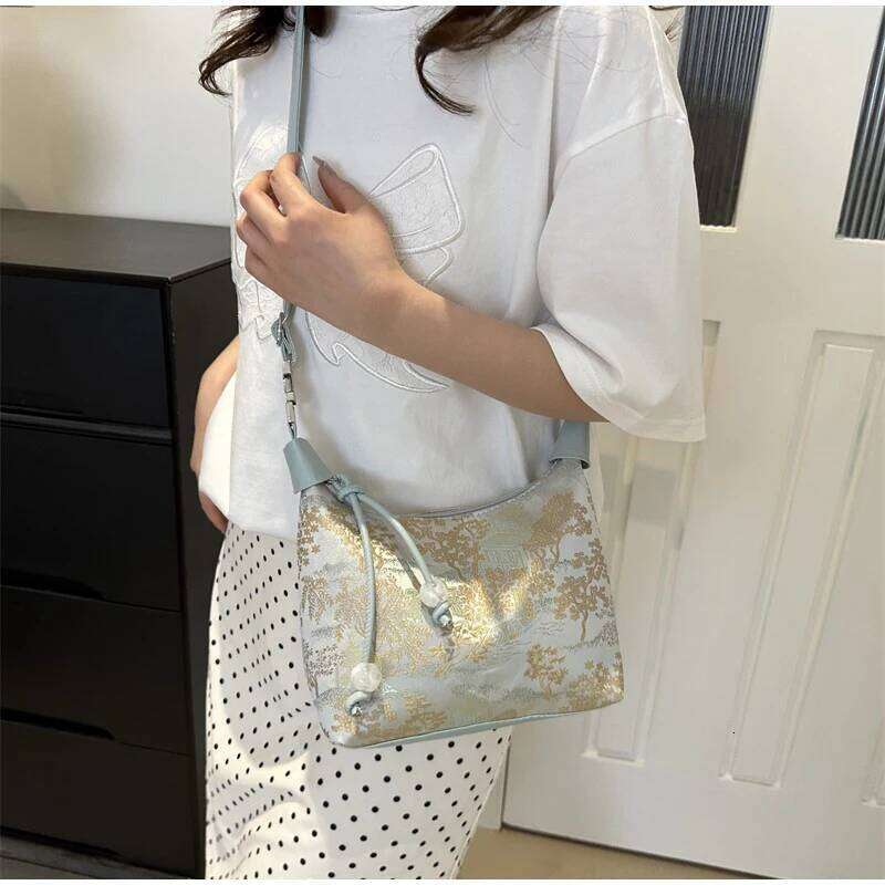 Women's Bags Designer Exquisite Embroidered Chinese Style Zipper Canvas Pea Purses Adjustable Daily Party Tote Handbag Cheongsam Bag
