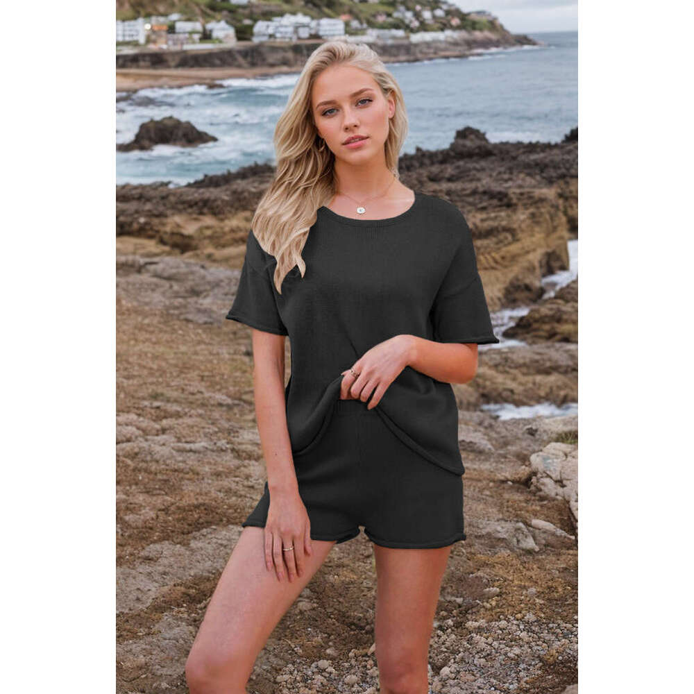 2025 New Summer Women's Loose Round Neck Casual Short Sleeve Shorts Set Knit Top