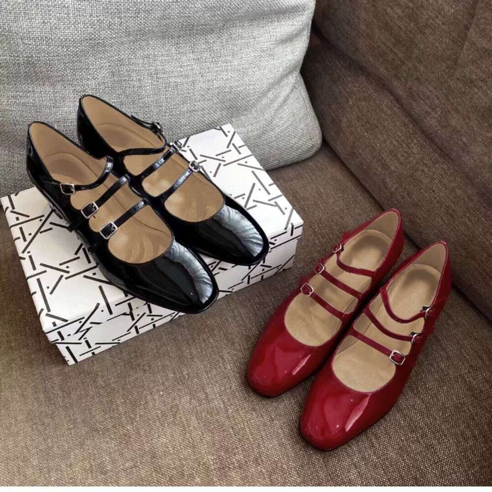 Three Buckles ~ Mary Jane for Women French Style Red Chunky Wedding High Heels Mid Heel Patent Leather Single Shoes