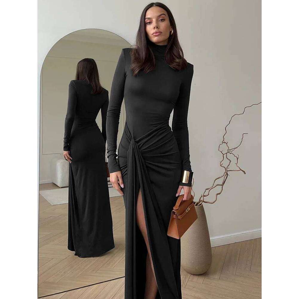 Hot Tight Dresses Mozision Turtleneck Thigh High Split Sexy Maxi For Women Fashion Sleeve Draped Bandage Bodycon Club Long Dress Casual Knee Length Dr