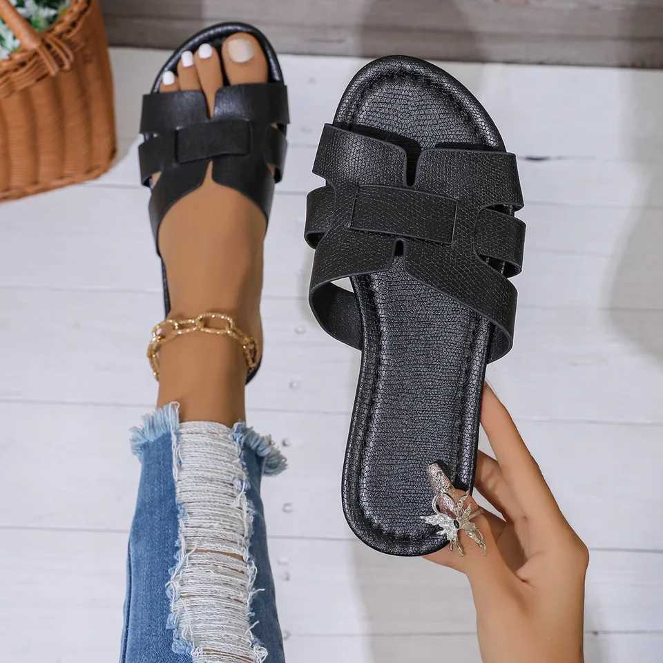 Womens Black Flat Slippers Open Heel Sandals Casual Beach Shoes Indoor Outdoor Wear Comfortable Slip-On FootwearXJ250527