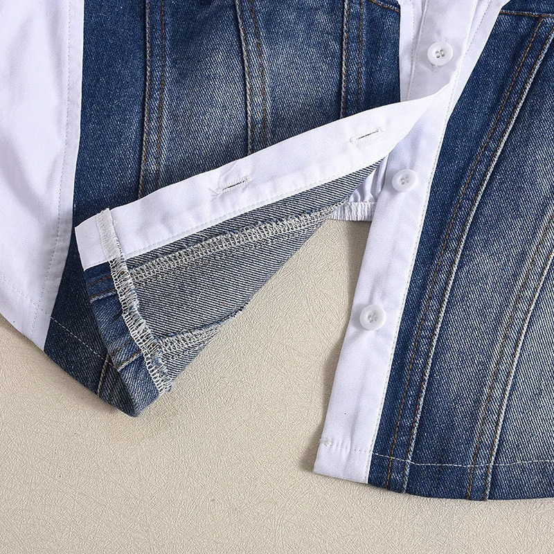 DEAT Trendy Womens Denim Patchwork Flare Sleeve Shirts Contrast Color Short Blouse Female Trend 2025 Spring Items 33A2187 250523