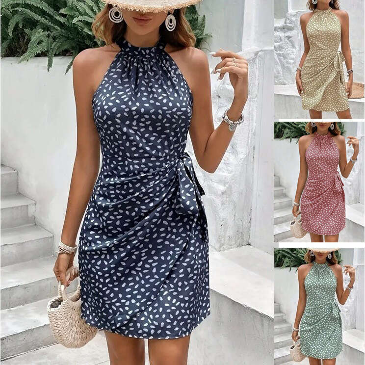 2025 Tie Polka Dot Ruched Sleeveless Waist-Cinching Halter Dress