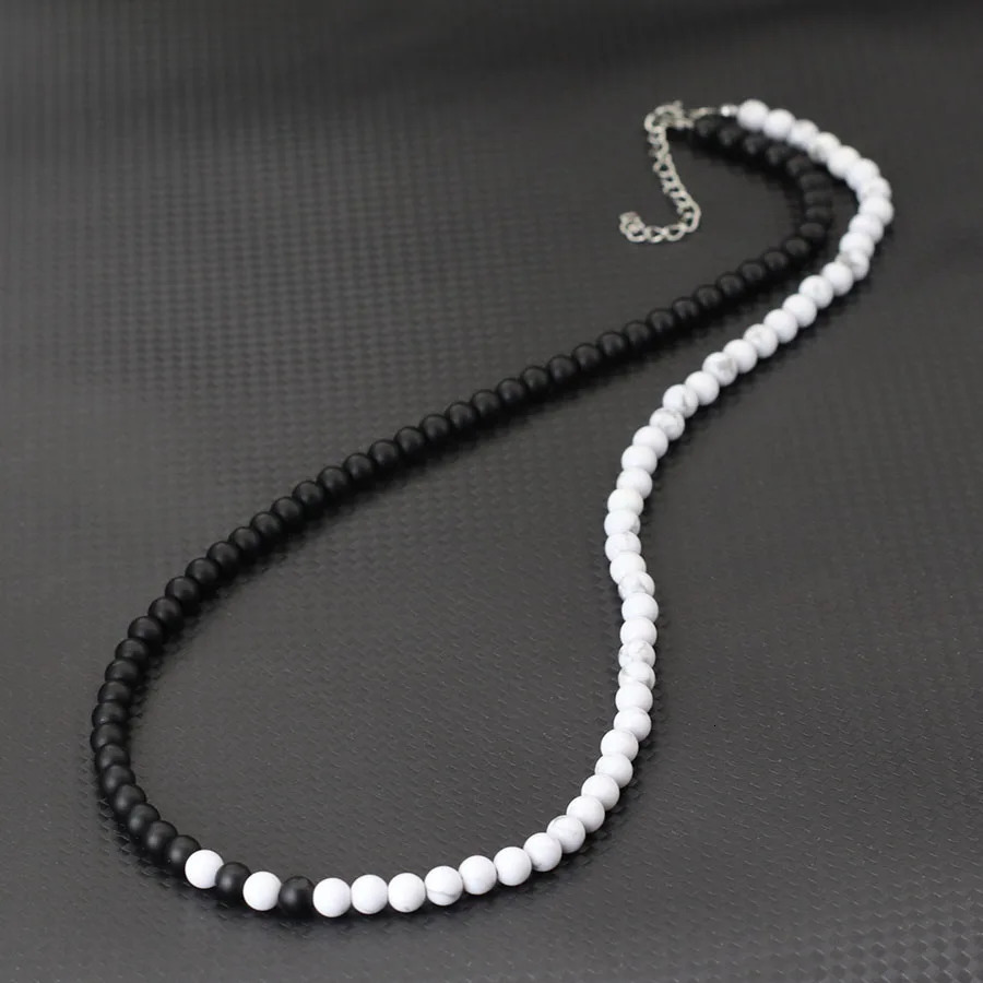 Stylish 6mm Stone Healing Necklace For Men 24 Inches Long Collar Stainless Steel Buckle Black White Yin Yang Bicolor Colar Gift 250522