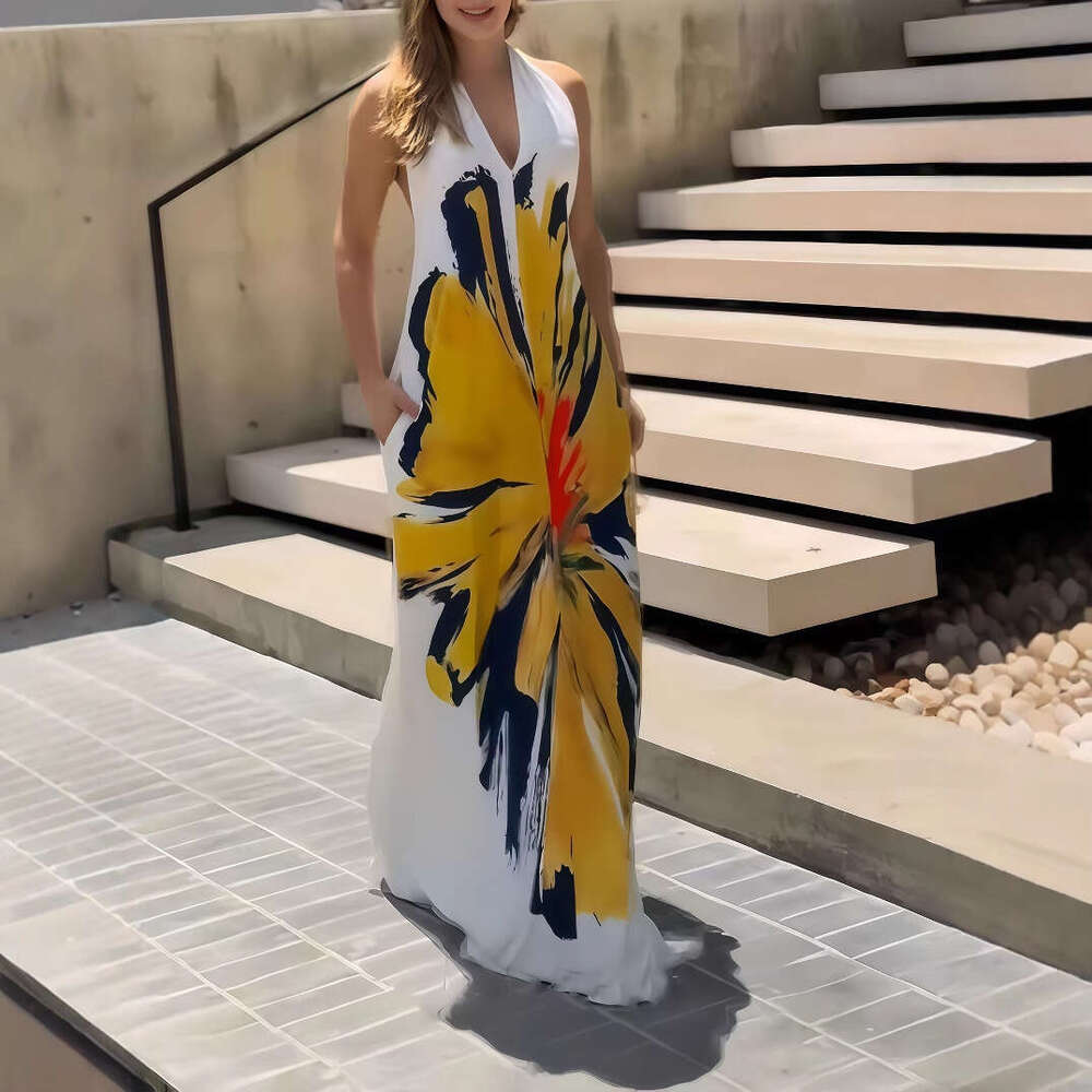 2025 Halter Neck Tie Sunflower Print Maxi Dress