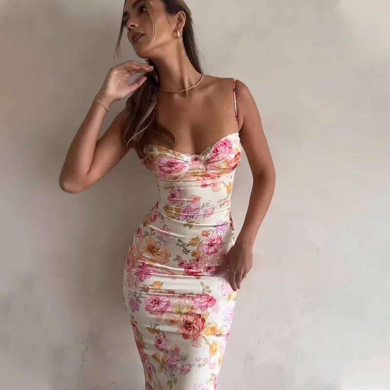 Hot Tight Dresses New Floral Suspender Split Slim Sleeveless Patry Beach Style Spaghetti Strap Women Clothes Mini Dress Summer Casual Knee Length Dres