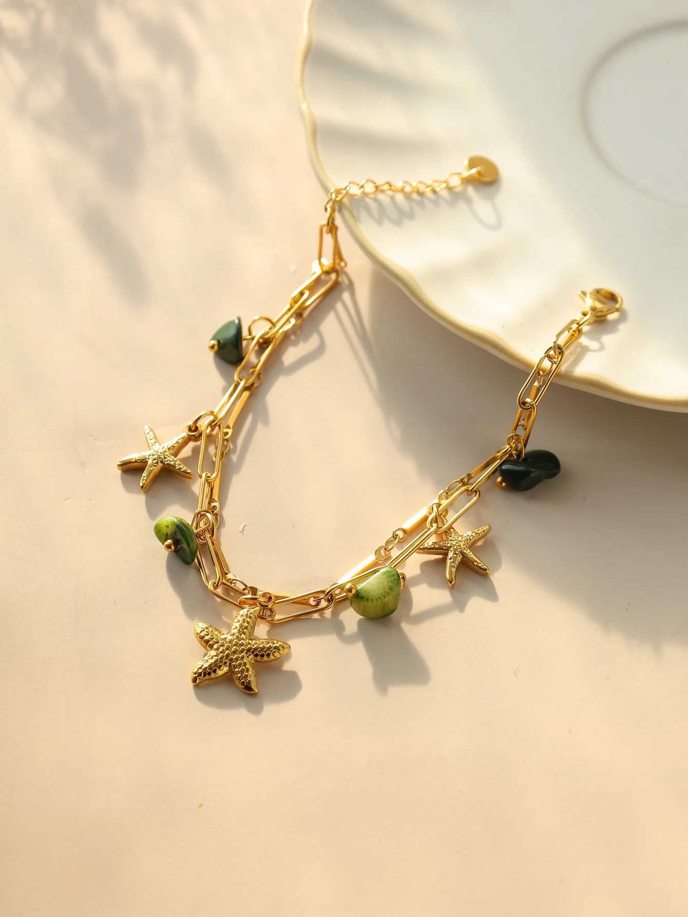 Fashionable trend design double layer natural stone moon sun starfish pendant bracelet women waterproof jewelry beach party gift W250526