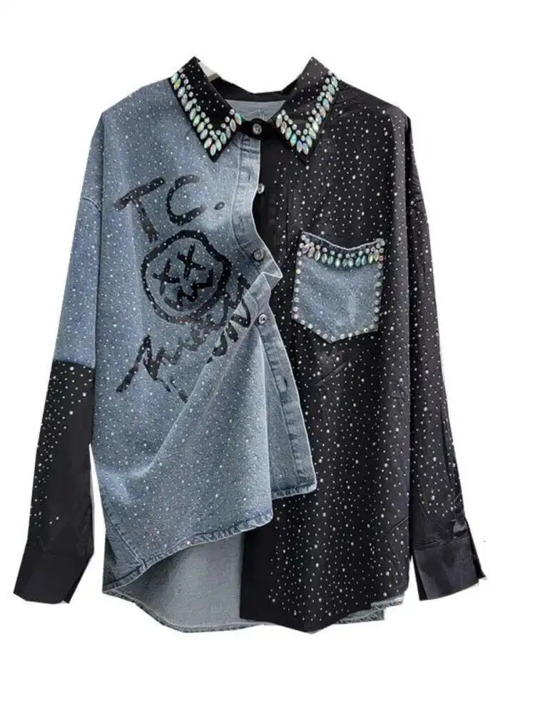 EWQ High Street Beading Diamond Patchwork Black Denim Shirt Y2K Fashion Loose Casual All Match Blouse 2025 Spring Autumn U7602 250523